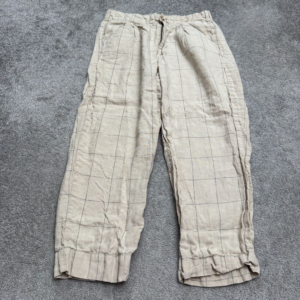 Madewell Pleated Taper Linen Blend Crop Pants Womens 8 Beige Windowpane Plaid